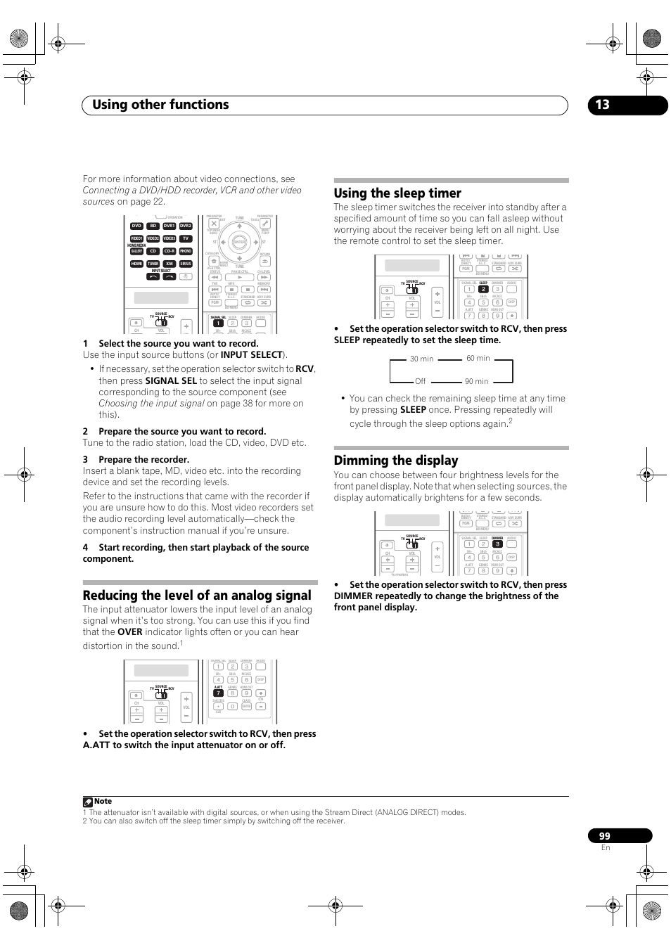 Using other functions 13, Reducing the level of an analog signal, Using the sleep timer | Dimming the display | Pioneer Elite SC-07 User Manual | Page 99 / 138