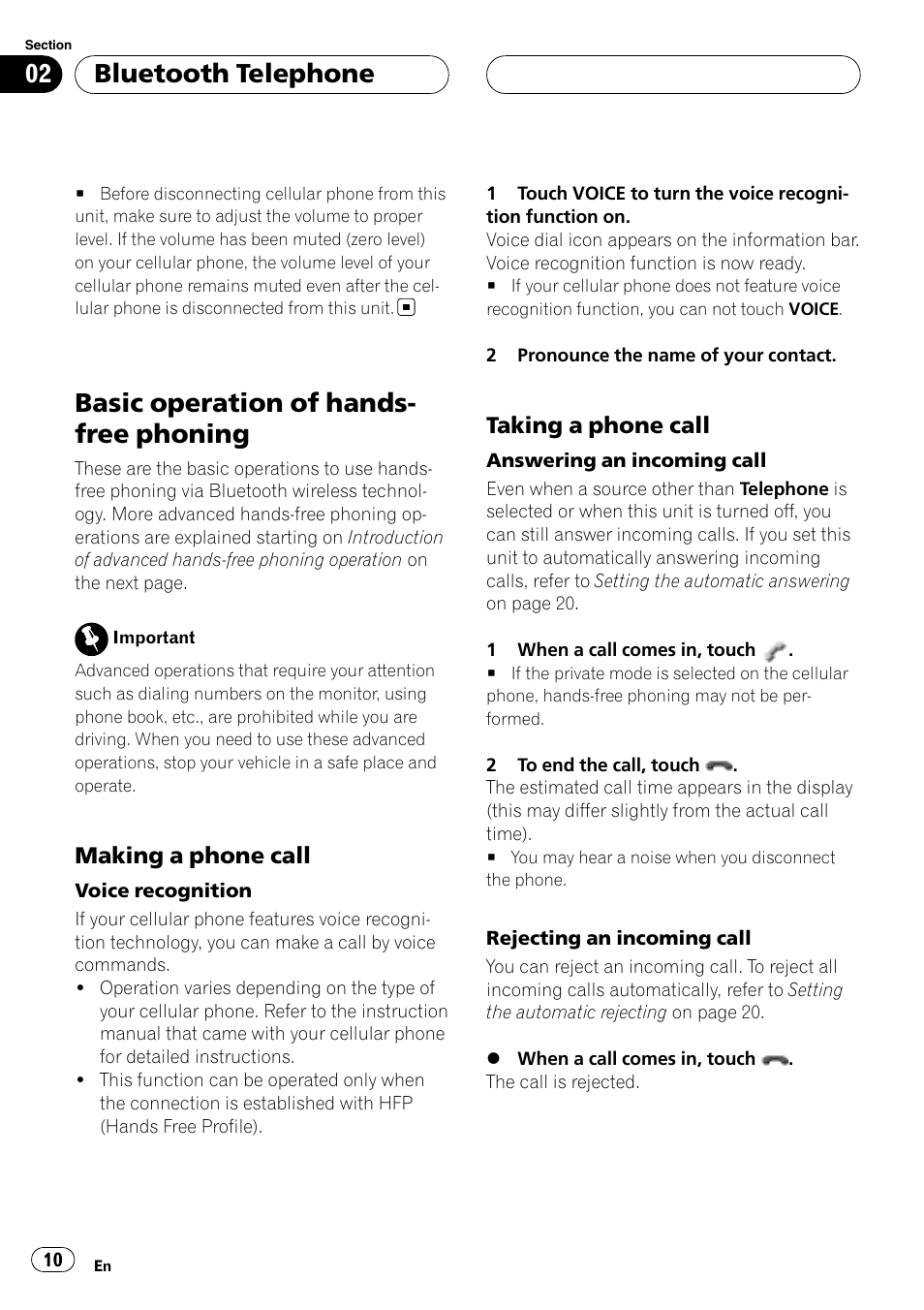Basic operation of hands-free phoning, Making a phone call 10, Taking a phone call 10 | Basic operation of hands- free phoning, Bluetooth telephone, Making a phone call, Taking a phone call | Pioneer CD-BTB20 User Manual | Page 10 / 169