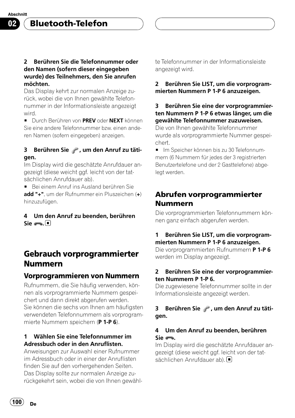 Gebrauch vorprogrammierter, Nummern, Vorprogrammieren von | Abrufen vorprogrammierter, Gebrauch vorprogrammierter nummern, Bluetooth-telefon, Vorprogrammieren von nummern, Abrufen vorprogrammierter nummern | Pioneer CD-BTB20 User Manual | Page 100 / 169