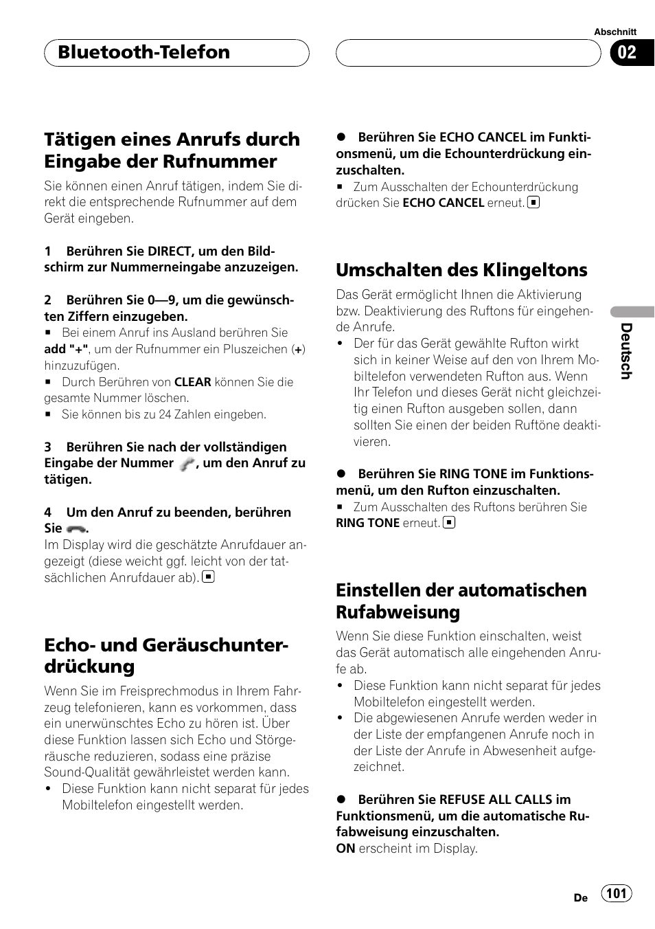Tätigen eines anrufs durch eingabe der, Rufnummer, Echo- und geräuschunterdrückung | Umschalten des klingeltons, Einstellen der automatischen, Rufabweisung, Tätigen eines anrufs durch eingabe der rufnummer, Echo- und geräuschunter- drückung, Einstellen der automatischen rufabweisung, Bluetooth-telefon | Pioneer CD-BTB20 User Manual | Page 101 / 169