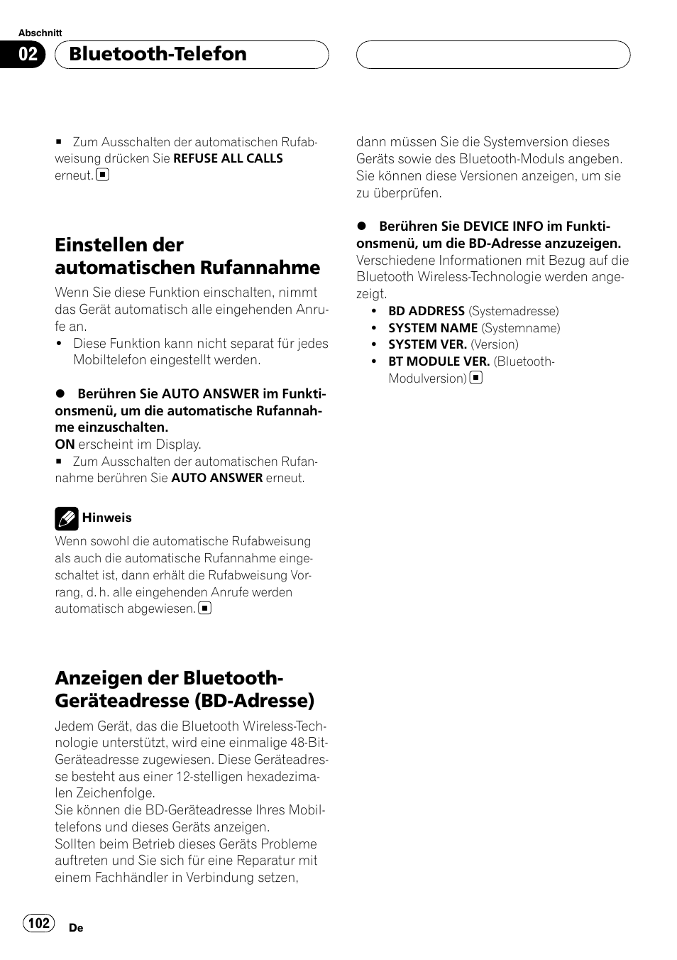 Einstellen der automatischen, Rufannahme, Anzeigen der bluetooth-geräteadresse (bd | Adresse), Einstellen der automatischen rufannahme, Anzeigen der bluetooth- geräteadresse (bd-adresse), Bluetooth-telefon | Pioneer CD-BTB20 User Manual | Page 102 / 169