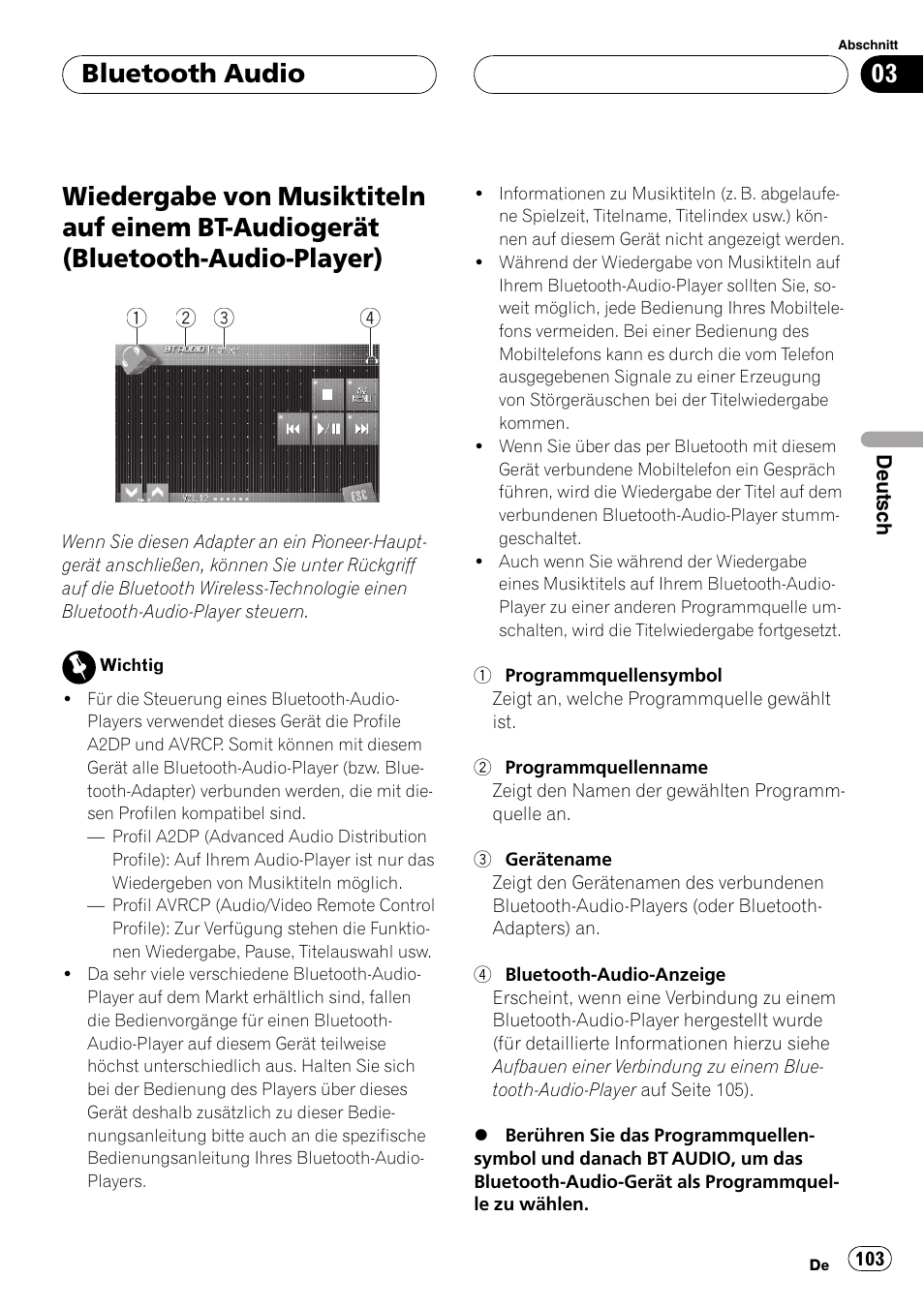 Audiogerät (bluetooth-audio-player), Bluetooth audio | Pioneer CD-BTB20 User Manual | Page 103 / 169