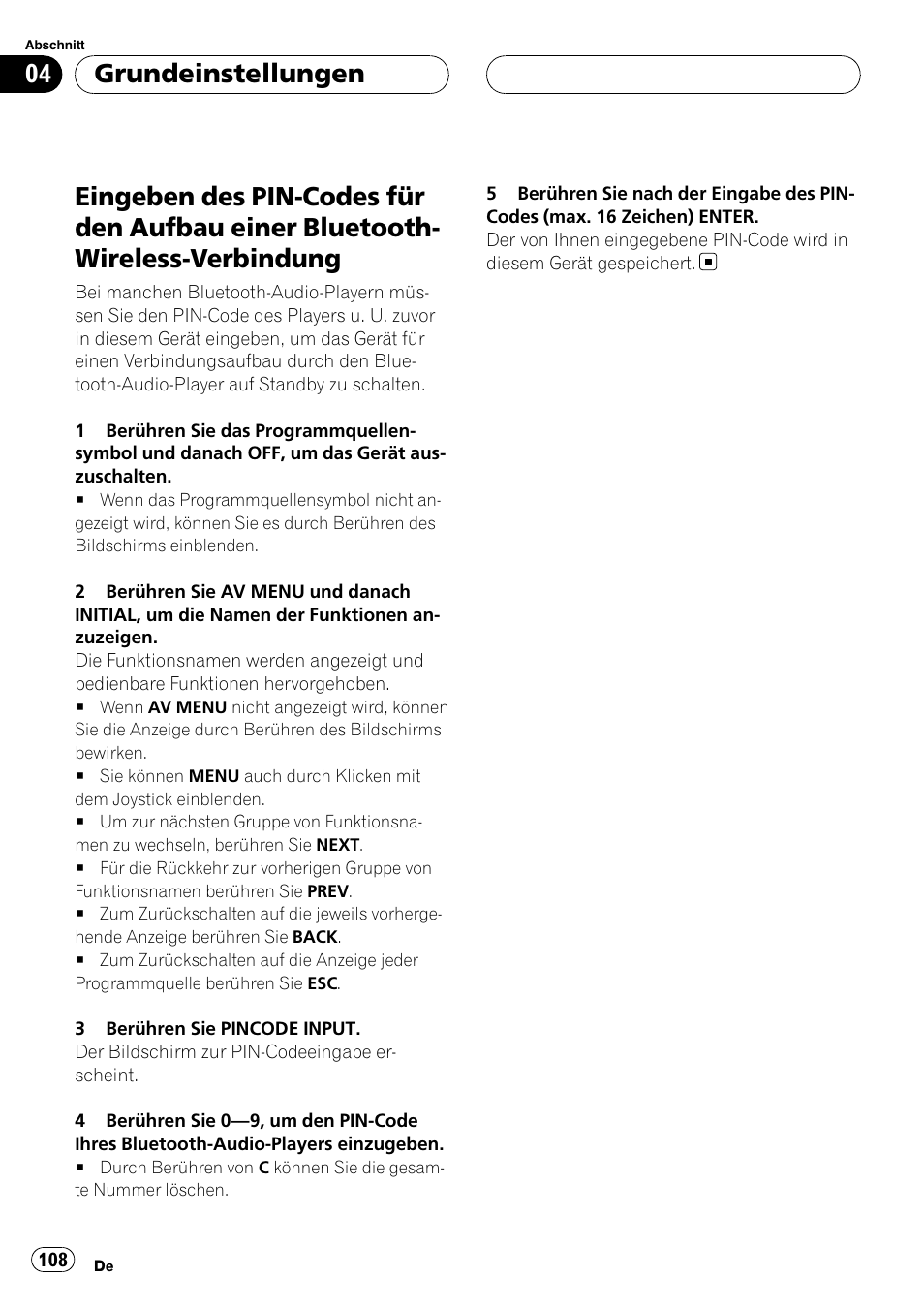 Einer bluetooth-wireless-verbindung, Grundeinstellungen | Pioneer CD-BTB20 User Manual | Page 108 / 169