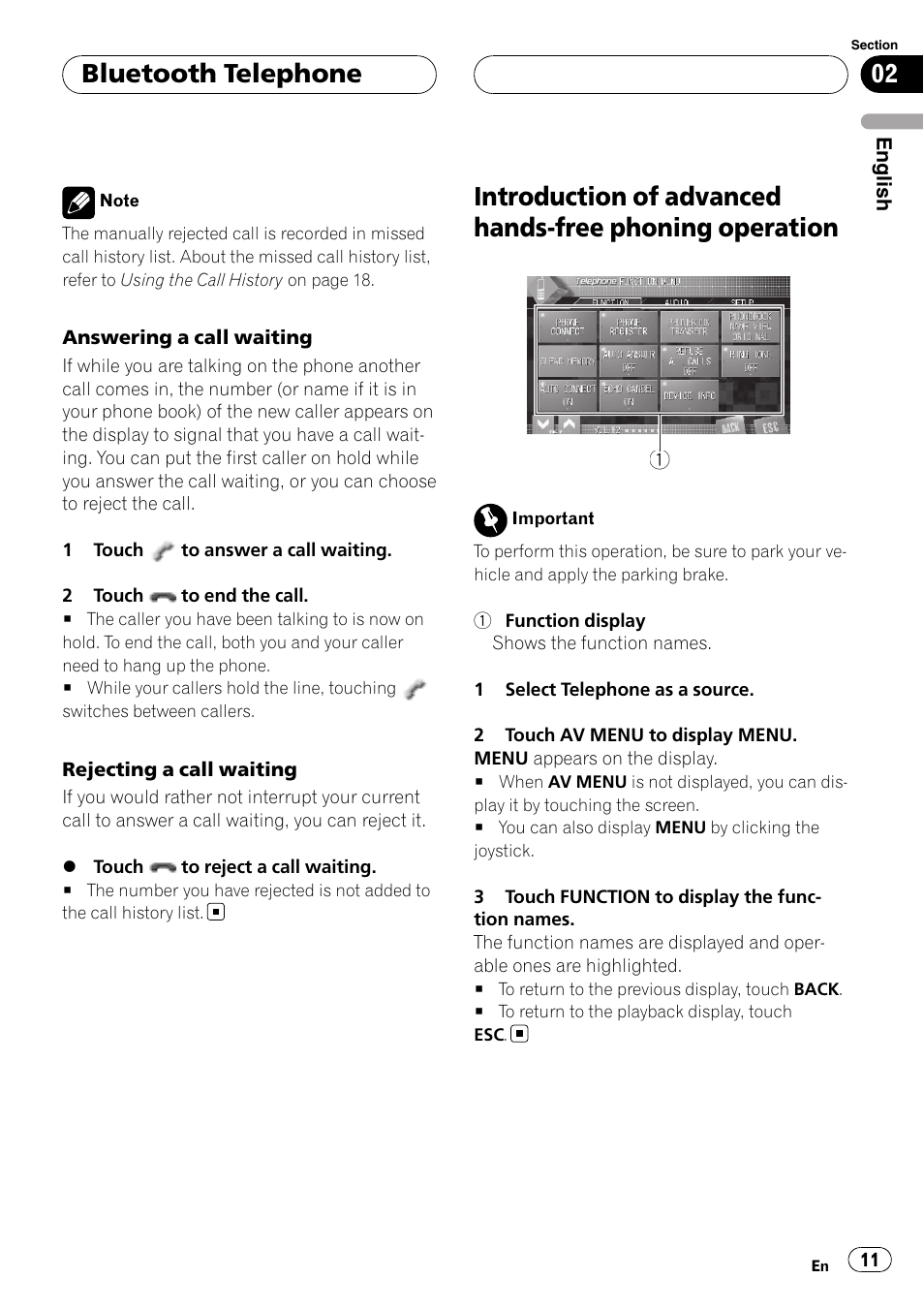 Introduction of advanced hands-free phoning, Operation, Bluetooth telephone | Pioneer CD-BTB20 User Manual | Page 11 / 169