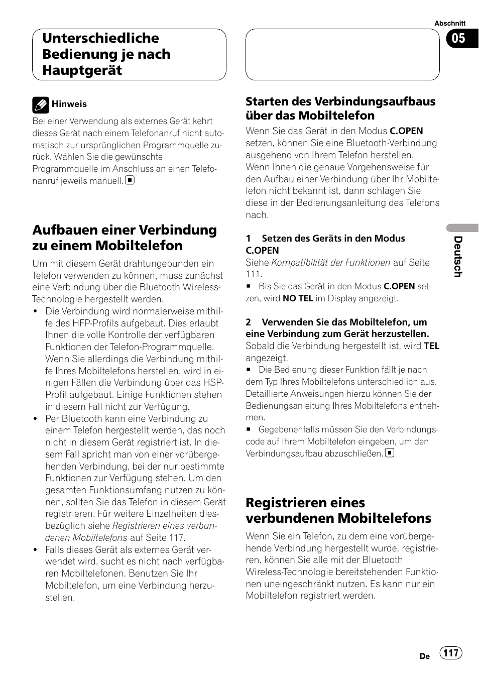 Aufbauen einer verbindung zu einem, Mobiltelefon, Starten des verbindungsaufbaus über | Das mobiltelefon, Registrieren eines verbundenen, Mobiltelefons, Aufbauen einer verbindung zu einem mobiltelefon, Registrieren eines verbundenen mobiltelefons, Unterschiedliche bedienung je nach hauptgerät | Pioneer CD-BTB20 User Manual | Page 117 / 169