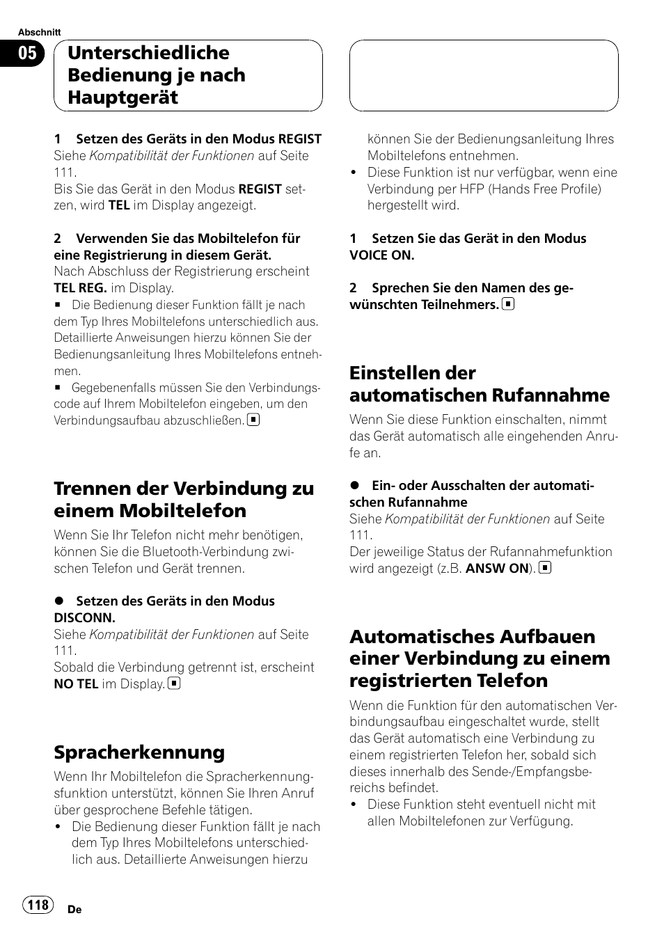 Trennen der verbindung zu einem, Mobiltelefon, Spracherkennung | Einstellen der automatischen, Rufannahme, Automatisches aufbauen einer verbindung, Zu einem registrierten telefon, Trennen der verbindung zu einem mobiltelefon, Einstellen der automatischen rufannahme, Unterschiedliche bedienung je nach hauptgerät | Pioneer CD-BTB20 User Manual | Page 118 / 169