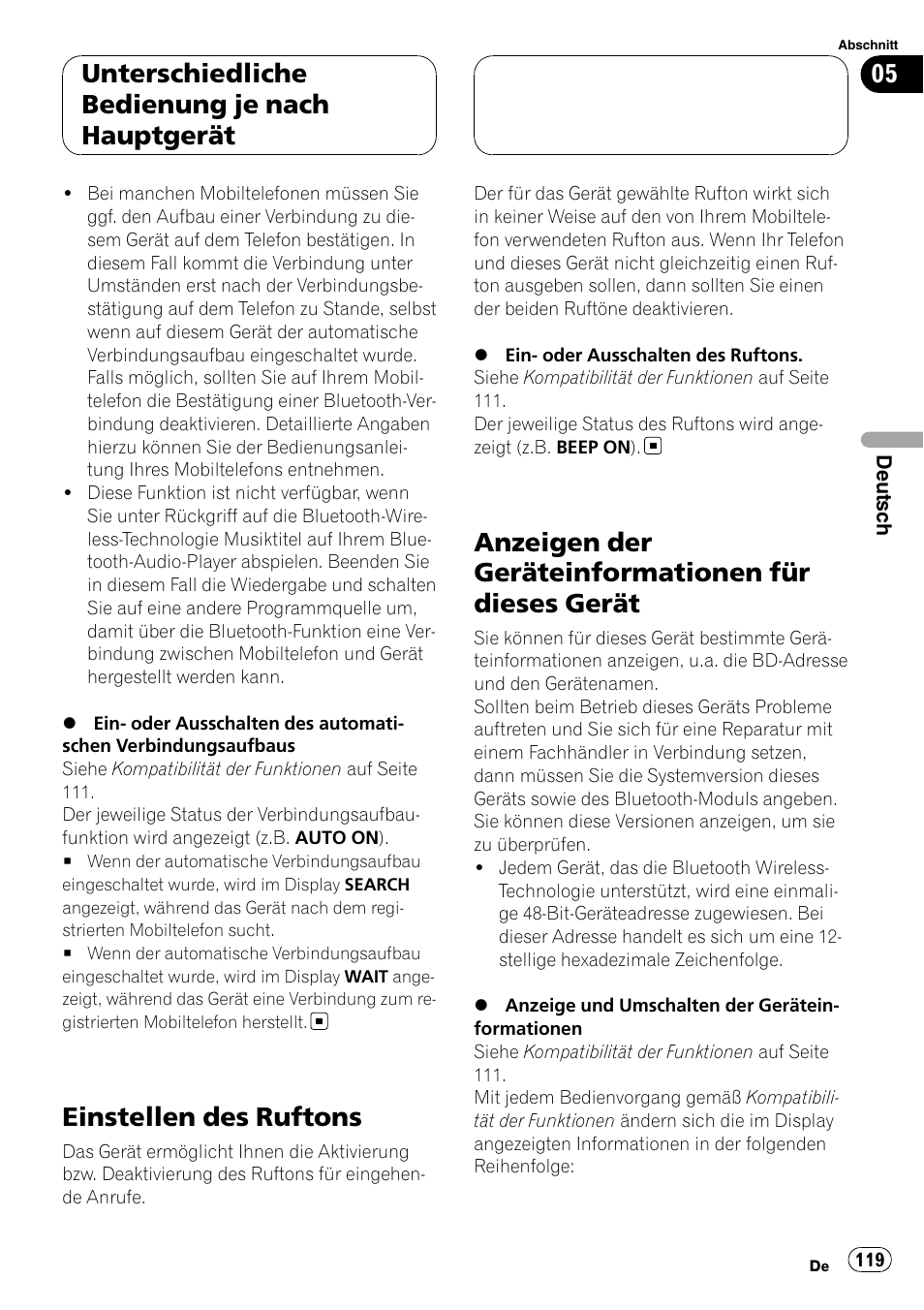 Einstellen des ruftons, Anzeigen der geräteinformationen für dieses, Gerät | Anzeigen der geräteinformationen für dieses gerät, Unterschiedliche bedienung je nach hauptgerät | Pioneer CD-BTB20 User Manual | Page 119 / 169