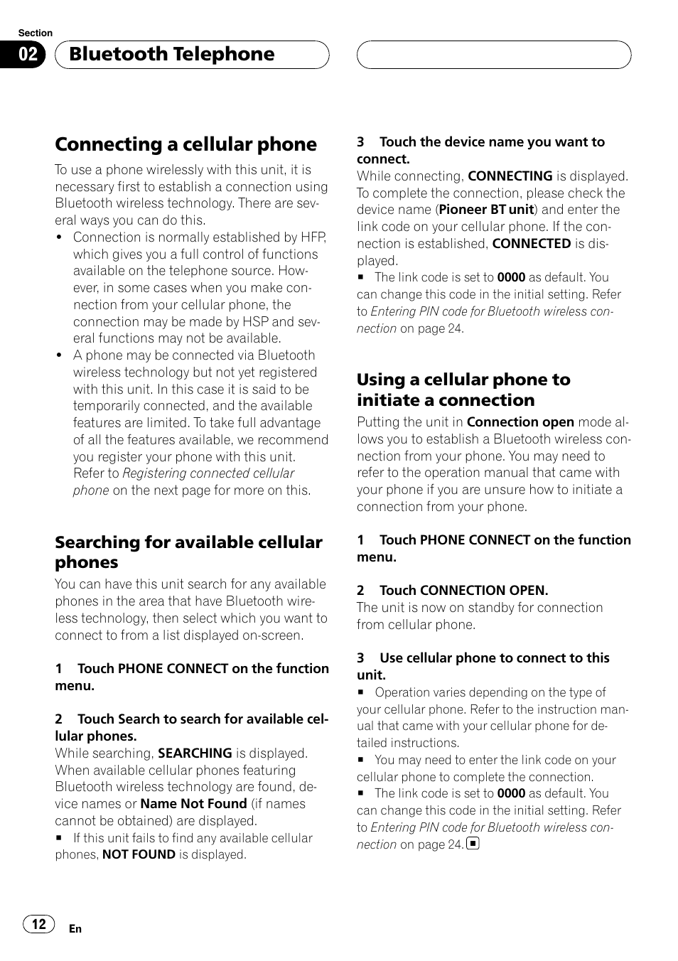 Connecting a cellular phone, Searching for available cellular, Phones | Using a cellular phone to initiate a, Connection, Bluetooth telephone, Searching for available cellular phones, Using a cellular phone to initiate a connection | Pioneer CD-BTB20 User Manual | Page 12 / 169