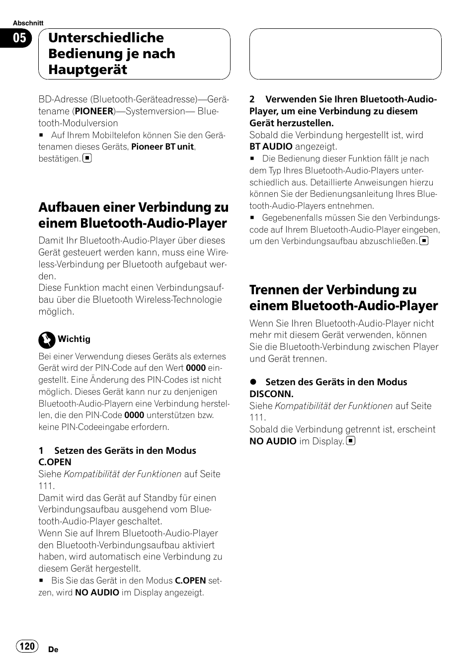 Aufbauen einer verbindung zu einem, Bluetooth-audio-player, Trennen der verbindung zu einem bluetooth | Audio-player, Unterschiedliche bedienung je nach hauptgerät | Pioneer CD-BTB20 User Manual | Page 120 / 169