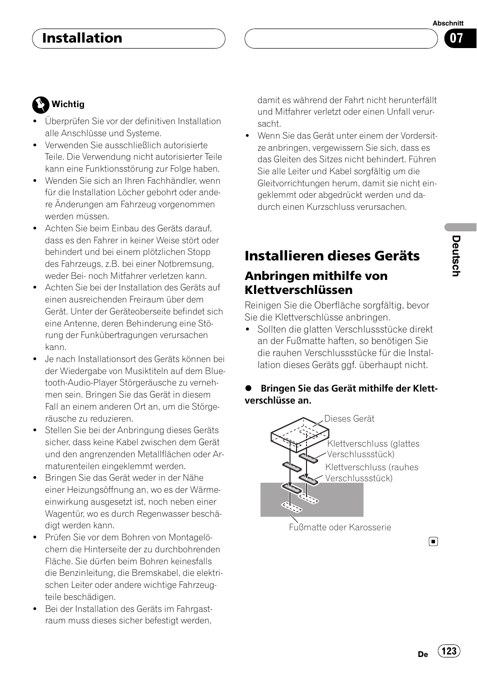 Installation installieren dieses geräts, Anbringen mithilfe von, Klettverschlüssen | Installieren dieses geräts, Installation, Anbringen mithilfe von klettverschlüssen | Pioneer CD-BTB20 User Manual | Page 123 / 169