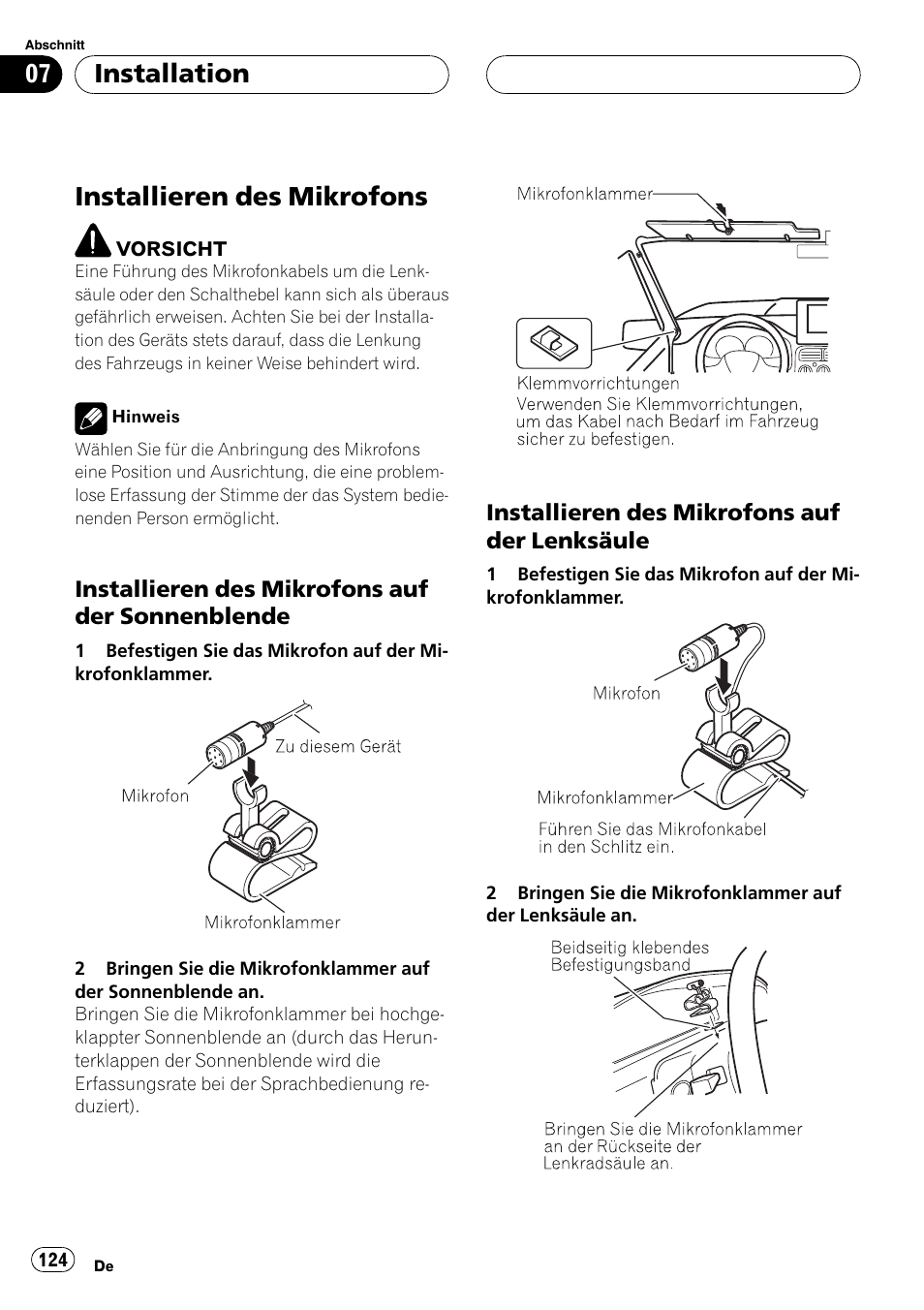 Installieren des mikrofons, Installieren des mikrofons auf der, Sonnenblende | Lenksäule, Installation | Pioneer CD-BTB20 User Manual | Page 124 / 169