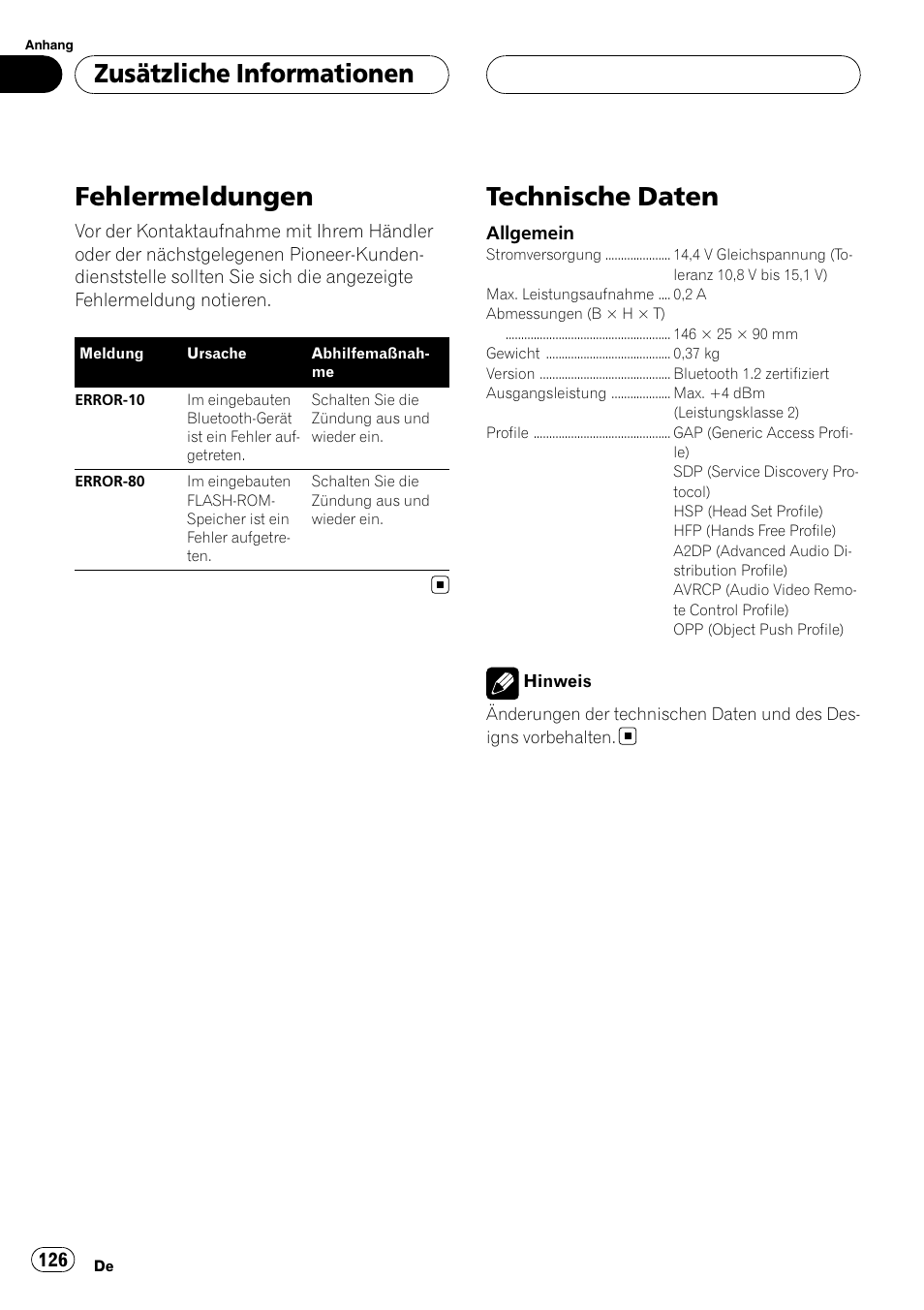 Zusätzliche informationen fehlermeldungen, Technische daten, Fehlermeldungen | Zusätzliche informationen | Pioneer CD-BTB20 User Manual | Page 126 / 169