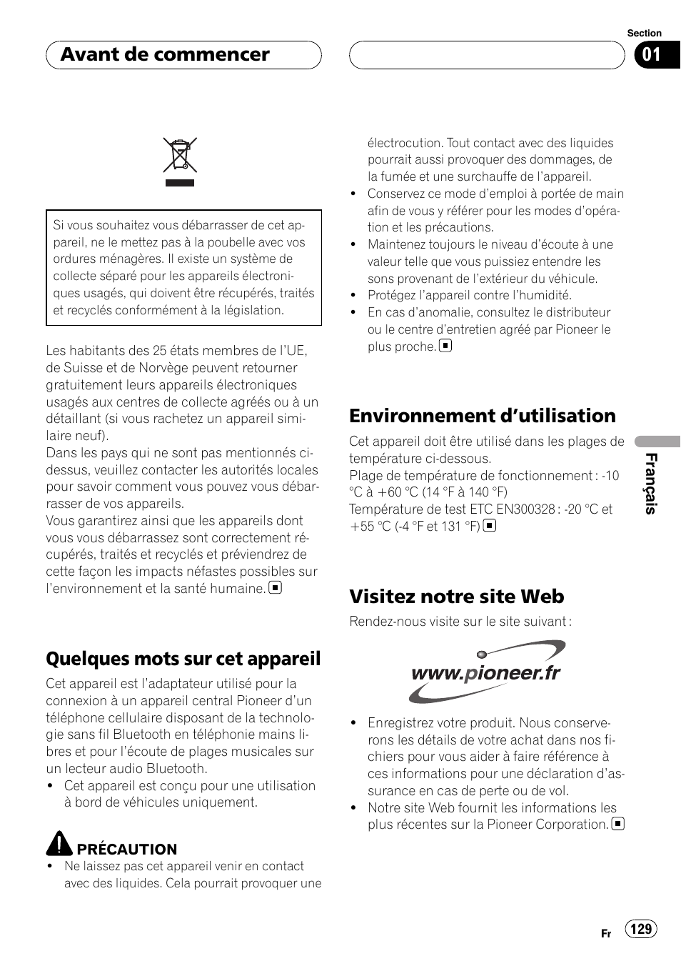 Avant de commencer, Quelques mots sur cet appareil, Environnement d | Utilisation 129, Visitez notre site web, Environnement d ’utilisation | Pioneer CD-BTB20 User Manual | Page 129 / 169