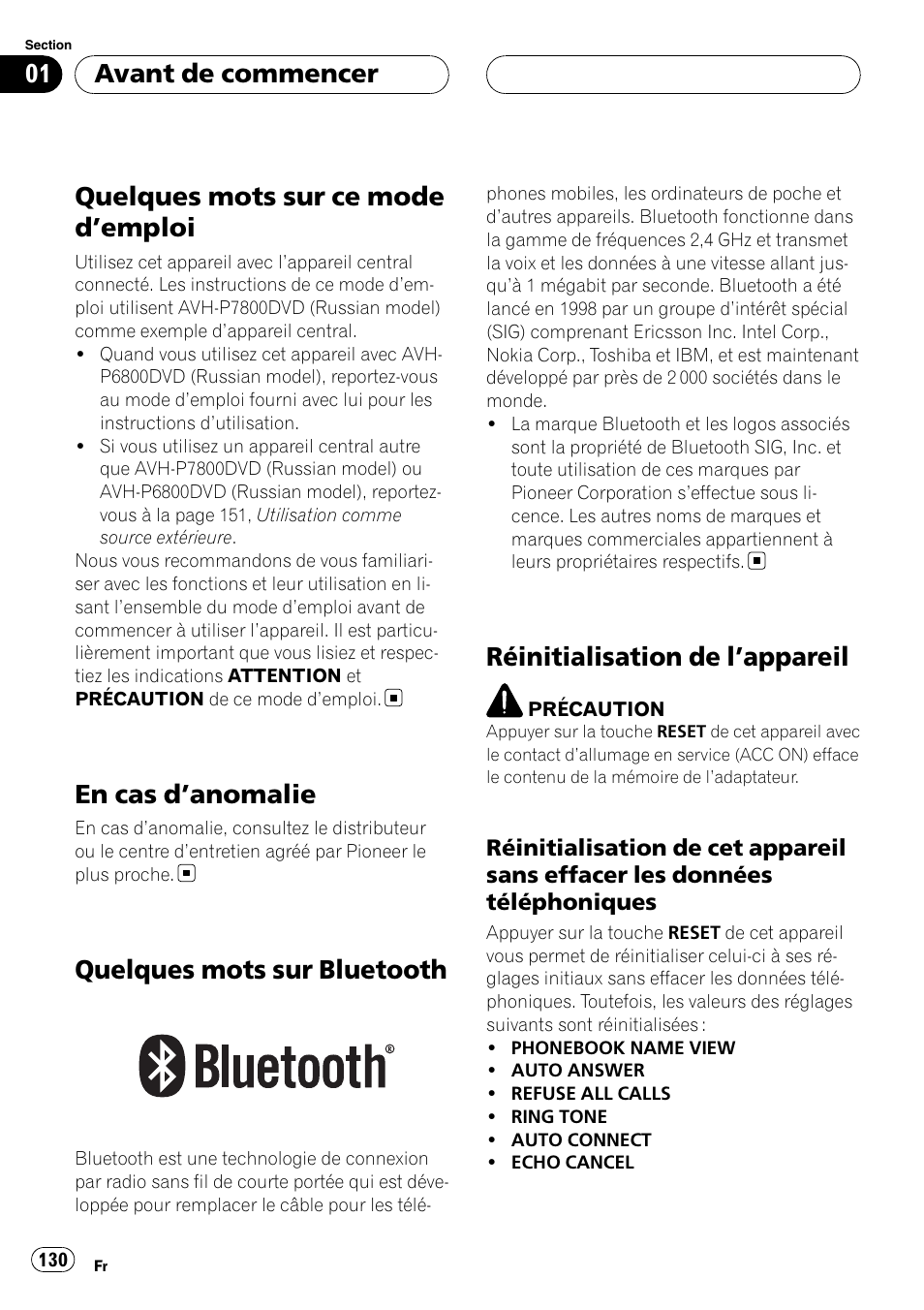 Quelques mots sur ce mode d, Emploi 130, En cas d | Anomalie 130, Quelques mots sur bluetooth, Réinitialisation de l, Appareil 130, Réinitialisation de cet appareil sans, Effacer les données téléphoniques, Quelques mots sur ce mode d ’emploi | Pioneer CD-BTB20 User Manual | Page 130 / 169
