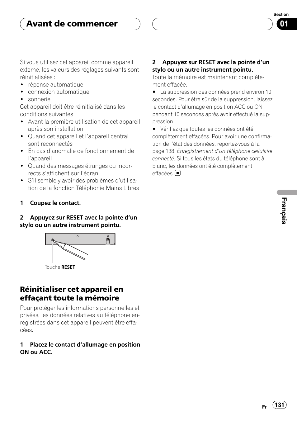 Réinitialiser cet appareil en effaçant, Toute la mémoire, Avant de commencer | Pioneer CD-BTB20 User Manual | Page 131 / 169