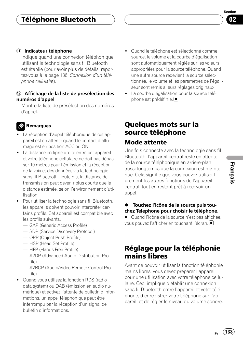 Quelques mots sur la source téléphone, Mode attente 133, Réglage pour la téléphonie mains | Libres, Réglage pour la téléphonie mains libres, Téléphone bluetooth, Mode attente | Pioneer CD-BTB20 User Manual | Page 133 / 169