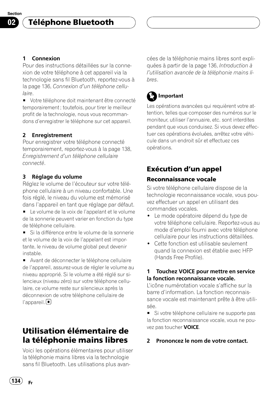 Utilisation élémentaire de la téléphonie, Mains libres, Exécution d’un appel 134 | Téléphone bluetooth, Exécution d ’un appel | Pioneer CD-BTB20 User Manual | Page 134 / 169