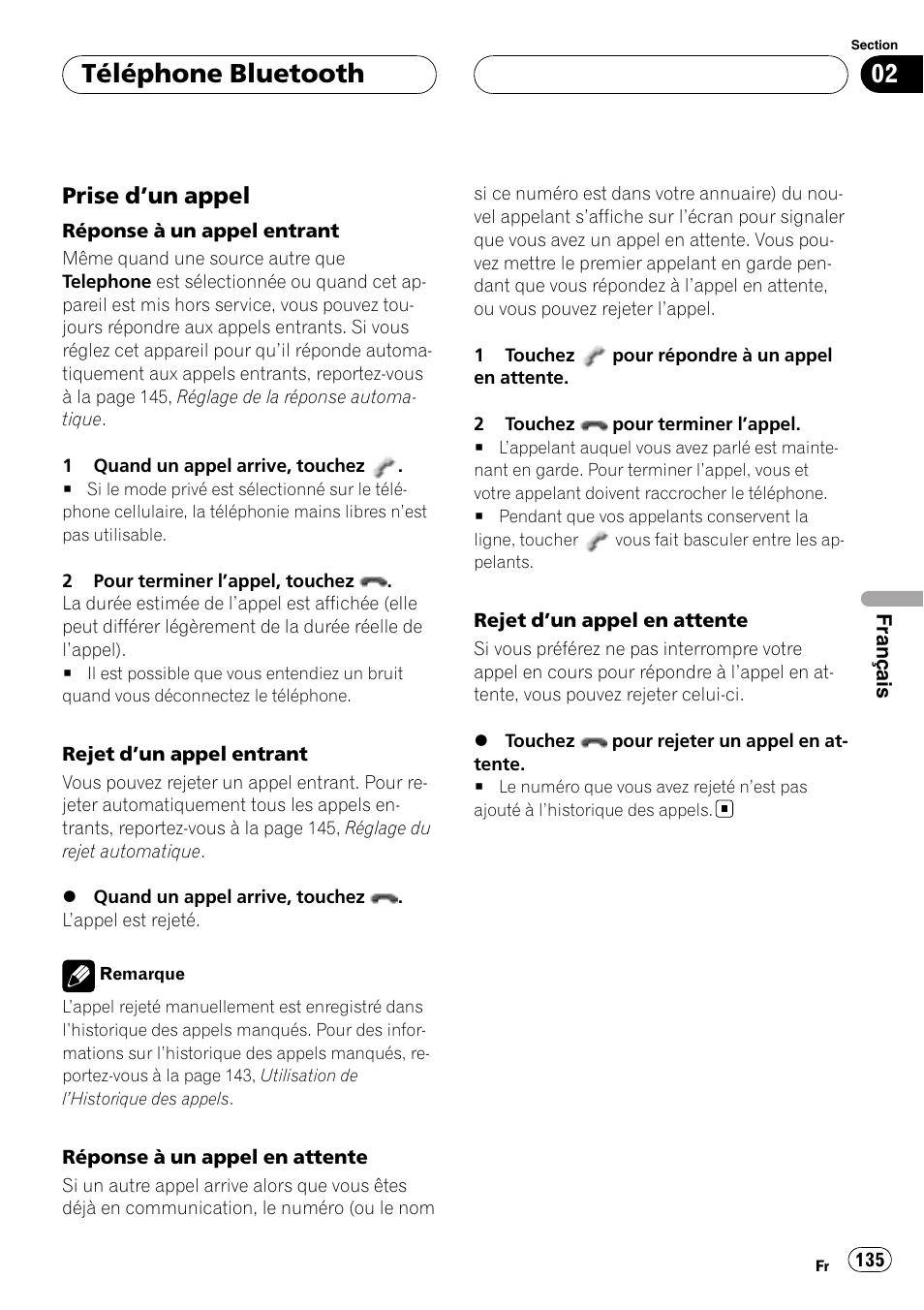 Prise d’un appel 135, Téléphone bluetooth, Prise d ’un appel | Pioneer CD-BTB20 User Manual | Page 135 / 169