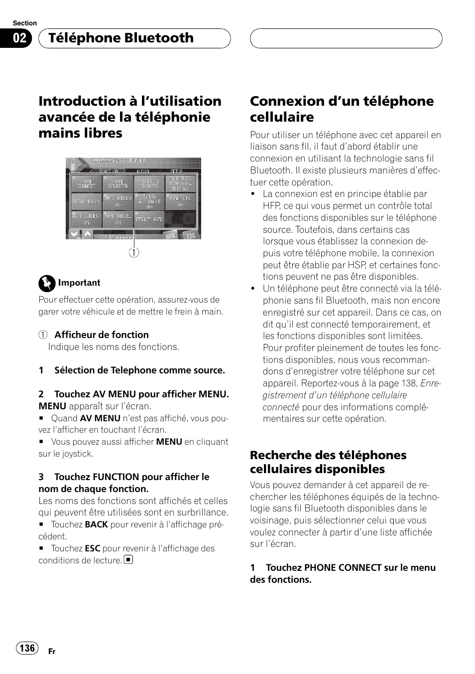 Introduction à l, Utilisation avancée de la, Téléphonie mains libres | Connexion d, Un téléphone cellulaire 136, Recherche des téléphones cellulaires, Disponibles, Un téléphone cellu, Laire, Utilisation avancée de la téléphonie mains li | Pioneer CD-BTB20 User Manual | Page 136 / 169