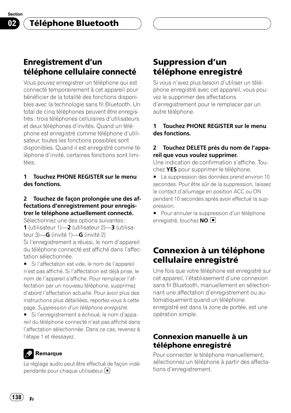 Enregistrement d, Un téléphone cellulaire, Connecté | Suppression d, Un téléphone enregistré 138, Connexion à un téléphone cellulaire, Enregistré, Connexion manuelle à un téléphone, Enregistrement d ’un téléphone cellulaire connecté, Suppression d ’un téléphone enregistré | Pioneer CD-BTB20 User Manual | Page 138 / 169