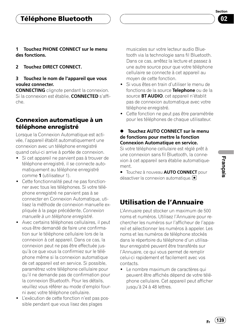 Connexion automatique à un téléphone, Enregistré, Utilisation de l | Annuaire 139, Utilisation de l ’annuaire, Téléphone bluetooth, Connexion automatique à un téléphone enregistré | Pioneer CD-BTB20 User Manual | Page 139 / 169