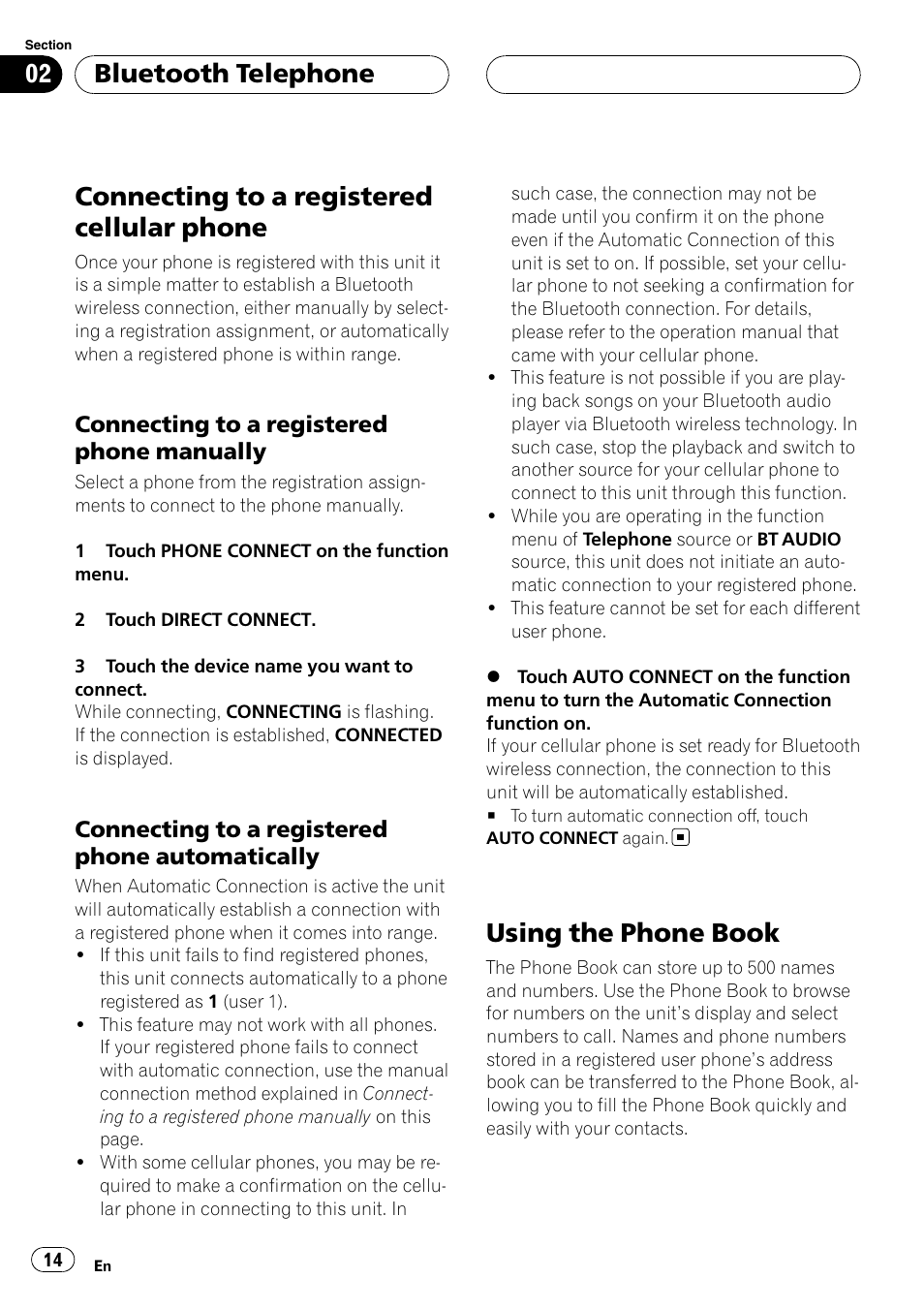 Connecting to a registered cellular, Phone, Connecting to a registered phone | Manually, Automatically, Using the phone book, Connecting to a registered cellular phone, Bluetooth telephone | Pioneer CD-BTB20 User Manual | Page 14 / 169