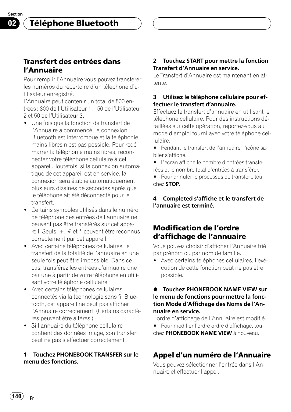 Transfert des entrées dans, Annuaire 140, Modification de l’ordre d’affichage de | Appel d’un numéro de l’annuaire 140, Téléphone bluetooth, Transfert des entrées dans l ’annuaire, Appel d ’un numéro de l’annuaire | Pioneer CD-BTB20 User Manual | Page 140 / 169