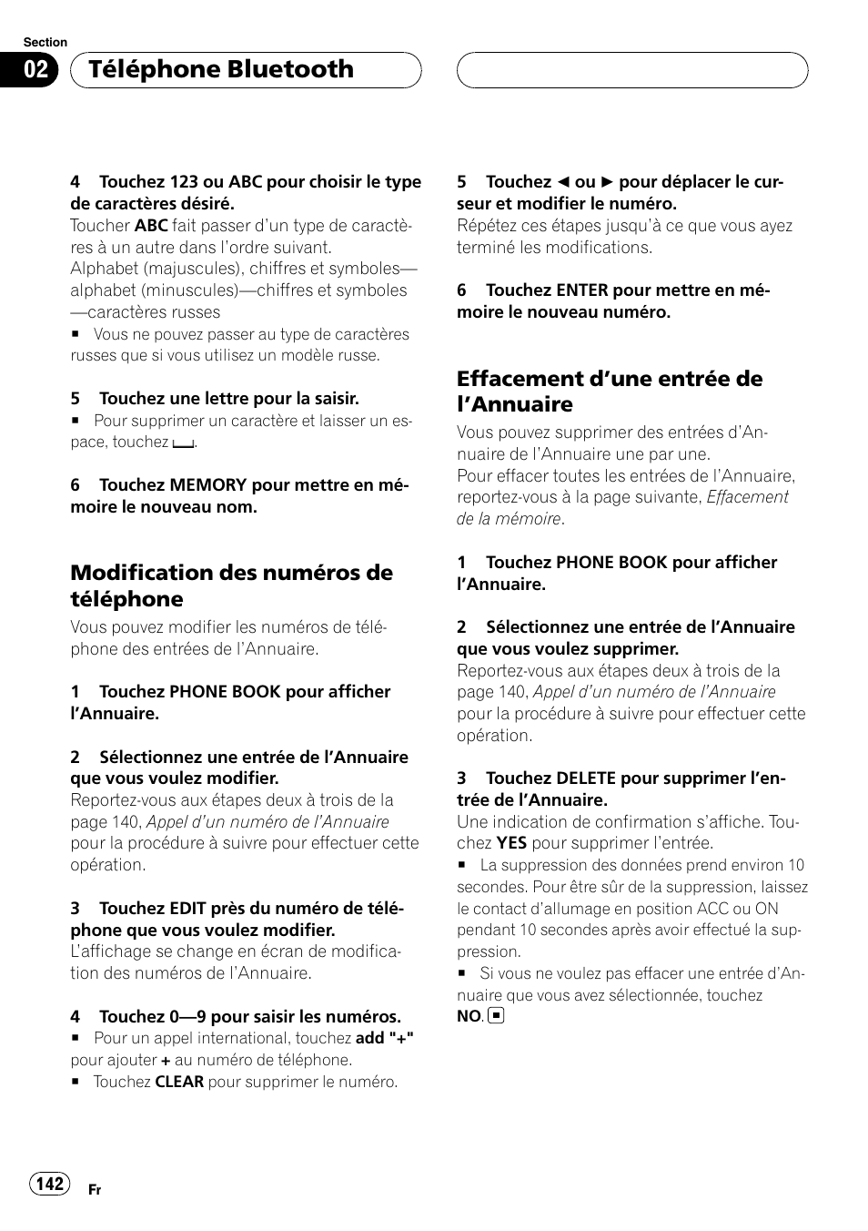 Modification des numéros de, Téléphone, Effacement d’une entrée de | Annuaire 142, Téléphone bluetooth, Modification des numéros de téléphone, Effacement d ’une entrée de l ’annuaire | Pioneer CD-BTB20 User Manual | Page 142 / 169