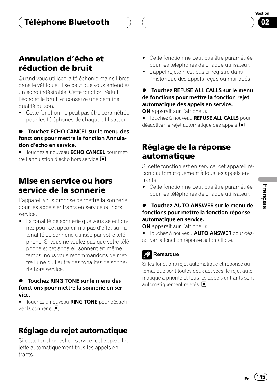 Annulation d, Écho et réduction de bruit 145, Mise en service ou hors service de la | Sonnerie, Réglage du rejet automatique, Réglage de la réponse automatique, Annulation d ’écho et réduction de bruit, Mise en service ou hors service de la sonnerie, Téléphone bluetooth | Pioneer CD-BTB20 User Manual | Page 145 / 169