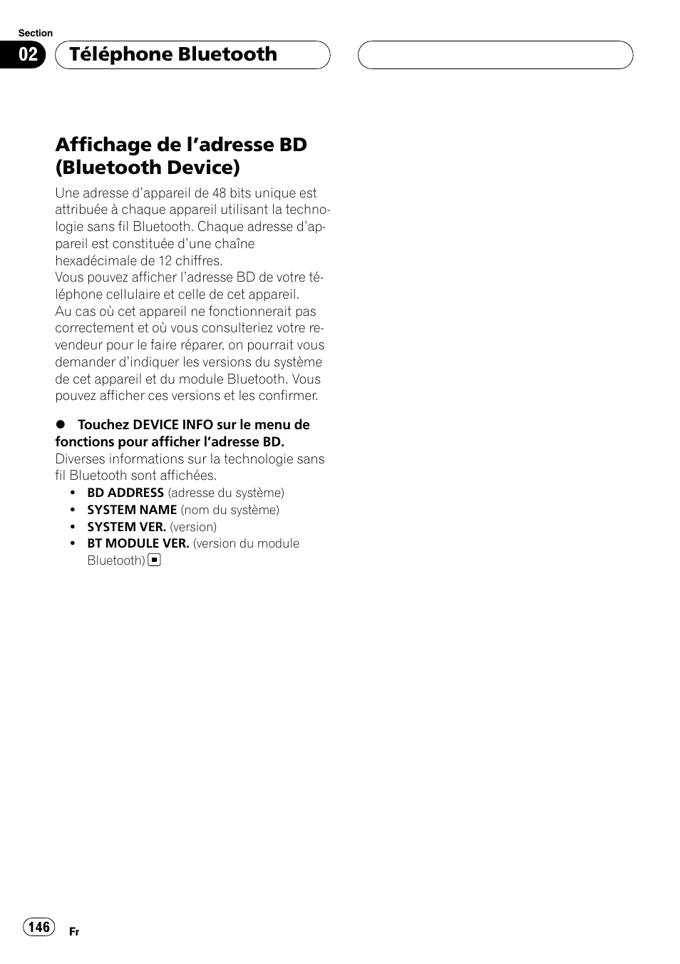 Affichage de l, Adresse bd (bluetooth, Device) | Affichage de l ’adresse bd (bluetooth device), Téléphone bluetooth | Pioneer CD-BTB20 User Manual | Page 146 / 169