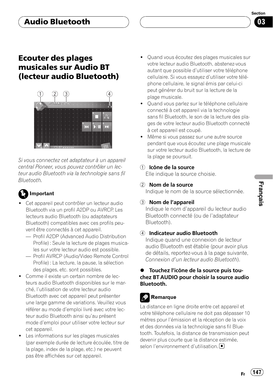 Lecteur audio bluetooth), Audio bluetooth | Pioneer CD-BTB20 User Manual | Page 147 / 169