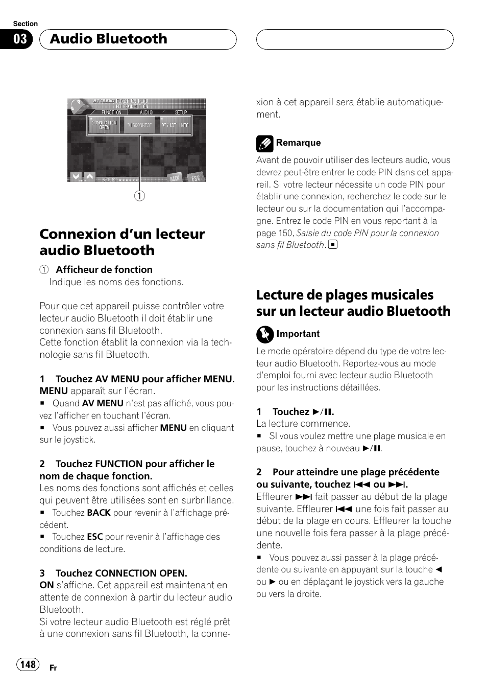 Connexion d, Un lecteur audio, Bluetooth | Lecture de plages musicales sur un lecteur, Audio bluetooth, Connexion d ’un lecteur audio bluetooth | Pioneer CD-BTB20 User Manual | Page 148 / 169