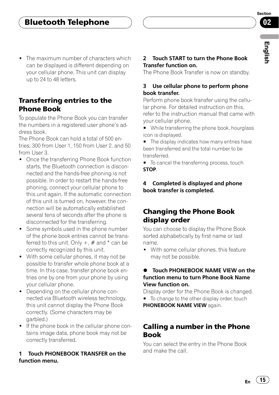 Transferring entries to the phone, Book, Changing the phone book display | Order, Calling a number in the phone, Bluetooth telephone, Transferring entries to the phone book, Changing the phone book display order, Calling a number in the phone book | Pioneer CD-BTB20 User Manual | Page 15 / 169