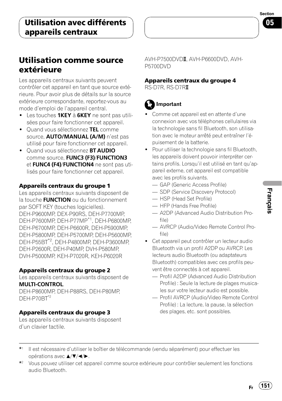 Utilisation comme source extérieure, Utilisation avec différents appareils centraux | Pioneer CD-BTB20 User Manual | Page 151 / 169