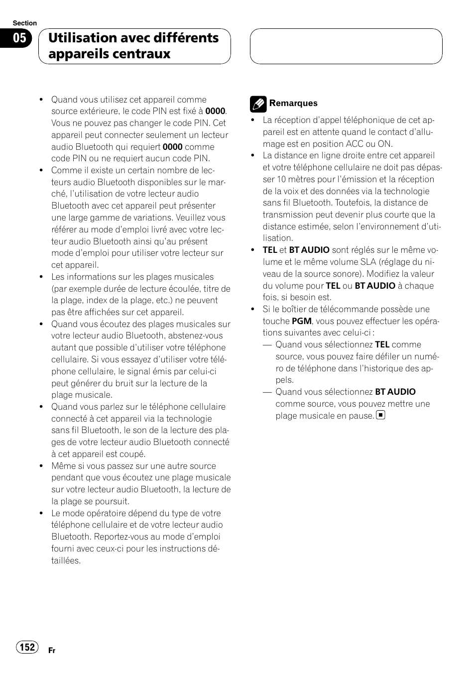 Utilisation avec différents appareils centraux | Pioneer CD-BTB20 User Manual | Page 152 / 169
