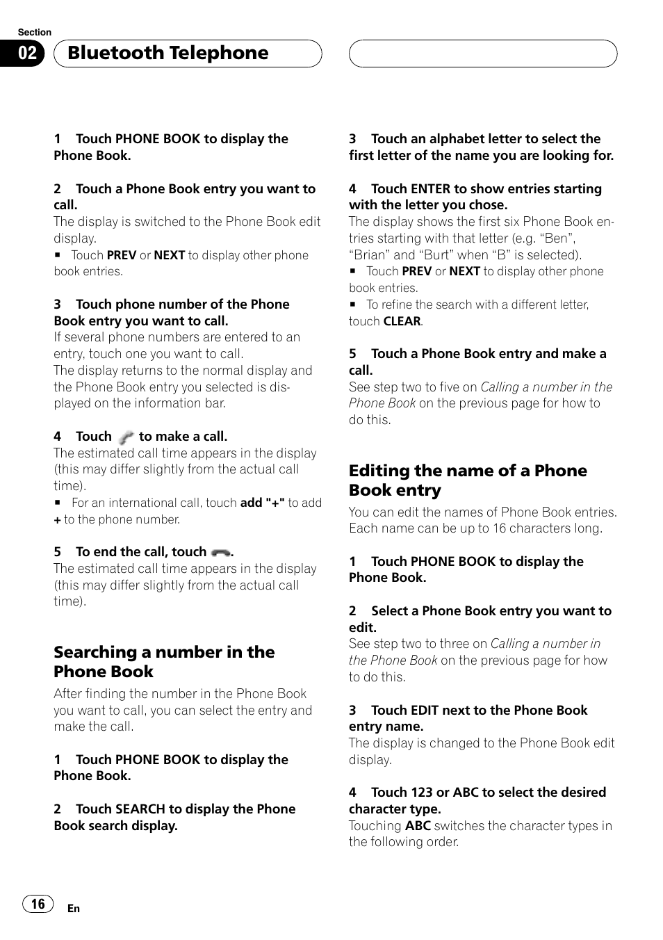 Searching a number in the phone, Book, Editing the name of a phone book | Entry, Bluetooth telephone, Searching a number in the phone book, Editing the name of a phone book entry | Pioneer CD-BTB20 User Manual | Page 16 / 169