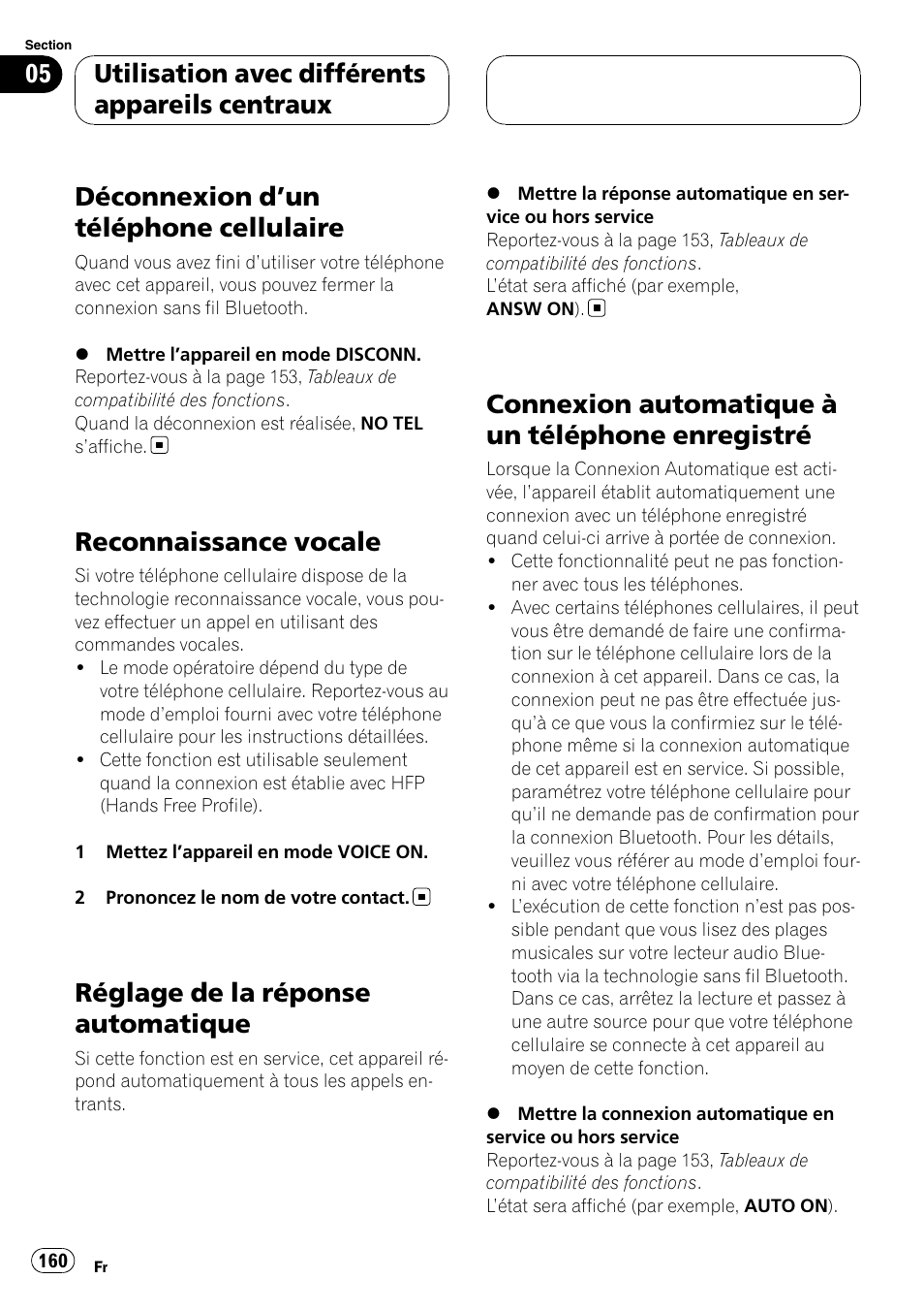 Déconnexion d, Un téléphone cellulaire 160, Reconnaissance vocale | Réglage de la réponse automatique, Connexion automatique à un téléphone, Enregistré, Déconnexion d ’un téléphone cellulaire, Connexion automatique à un téléphone enregistré, Utilisation avec différents appareils centraux | Pioneer CD-BTB20 User Manual | Page 160 / 169
