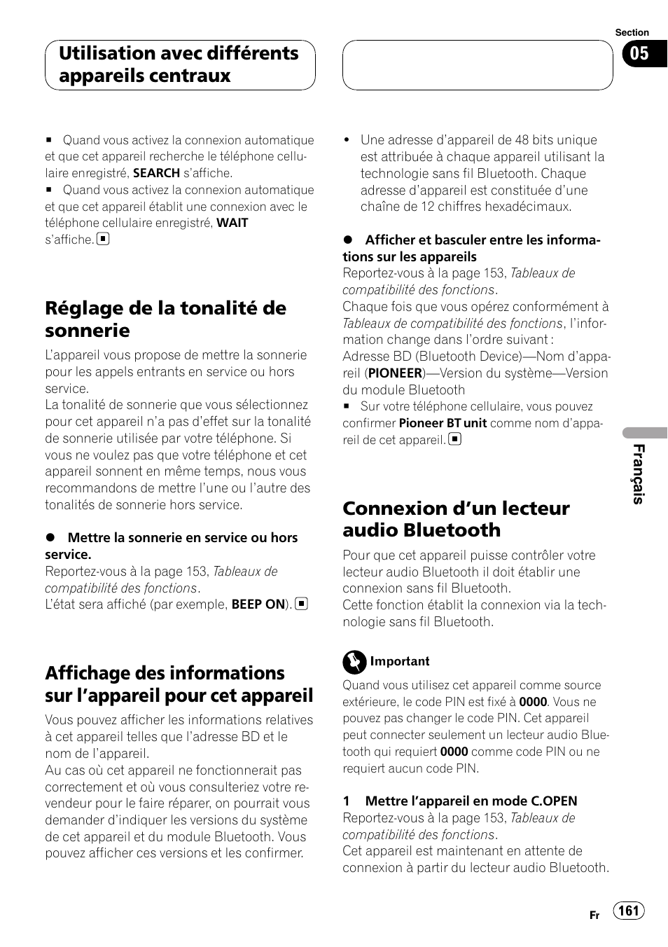 Réglage de la tonalité de sonnerie, Affichage des informations sur l, Appareil | Pour cet appareil, Connexion d, Un lecteur audio, Bluetooth, Connexion d ’un lecteur audio bluetooth, Utilisation avec différents appareils centraux | Pioneer CD-BTB20 User Manual | Page 161 / 169