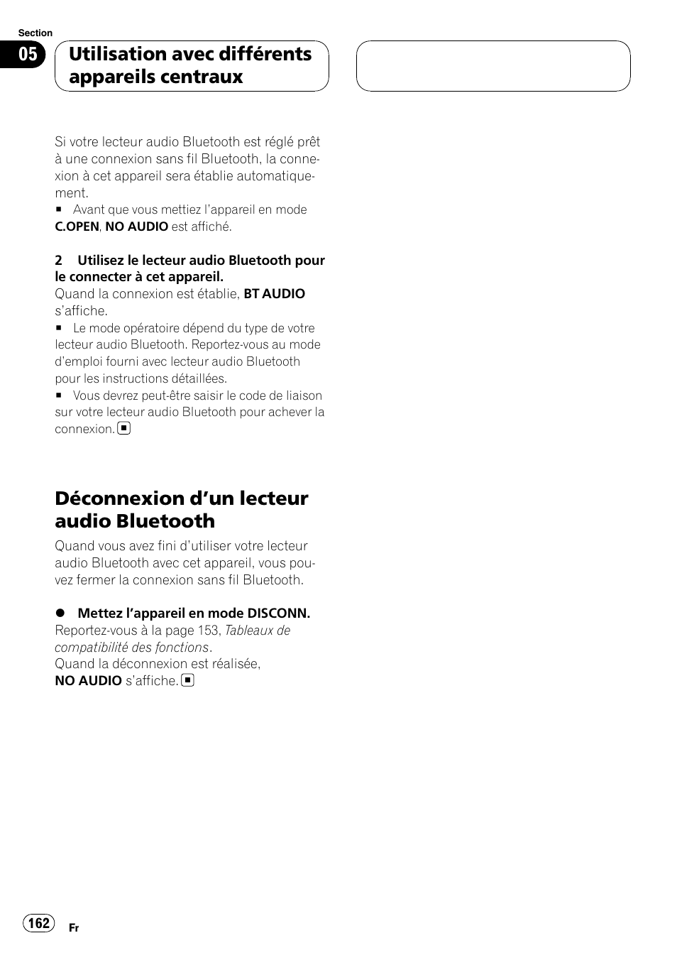Déconnexion d, Un lecteur audio, Bluetooth | Déconnexion d ’un lecteur audio bluetooth, Utilisation avec différents appareils centraux | Pioneer CD-BTB20 User Manual | Page 162 / 169