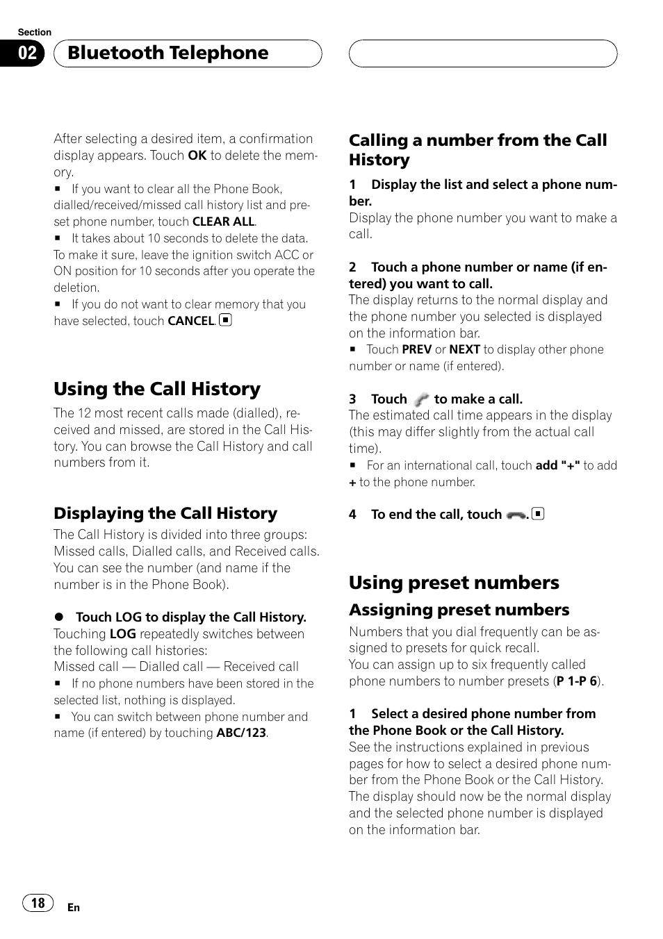 Using the call history, Displaying the call history 18, Calling a number from the call | History, Using preset numbers, Assigning preset numbers 18, Bluetooth telephone | Pioneer CD-BTB20 User Manual | Page 18 / 169