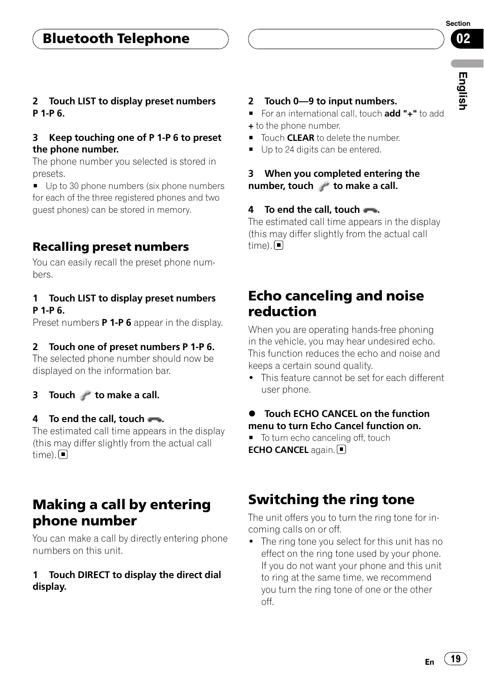 Recalling preset numbers 19, Making a call by entering phone number, Echo canceling and noise reduction | Switching the ring tone, Bluetooth telephone | Pioneer CD-BTB20 User Manual | Page 19 / 169