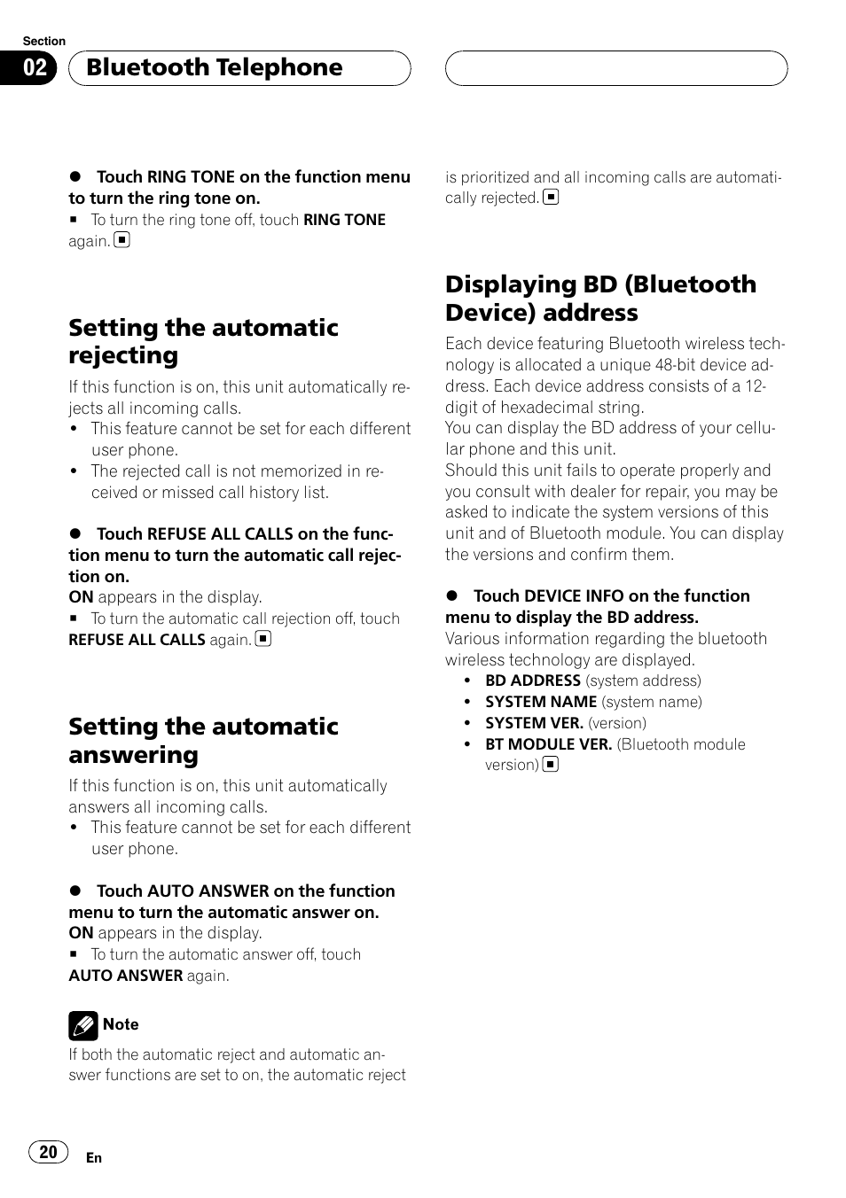 Setting the automatic rejecting, Setting the automatic answering, Displaying bd (bluetooth device) | Address, Displaying bd (bluetooth device) address, Bluetooth telephone | Pioneer CD-BTB20 User Manual | Page 20 / 169