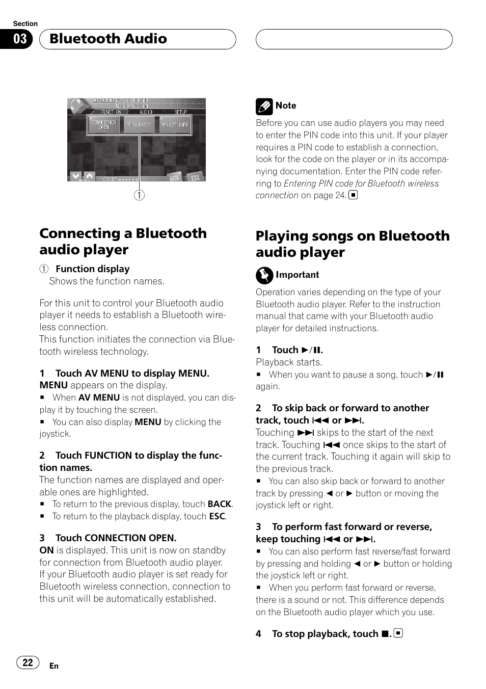 Connecting a bluetooth audio player, Playing songs on bluetooth audio player, Bluetooth audio | Pioneer CD-BTB20 User Manual | Page 22 / 169