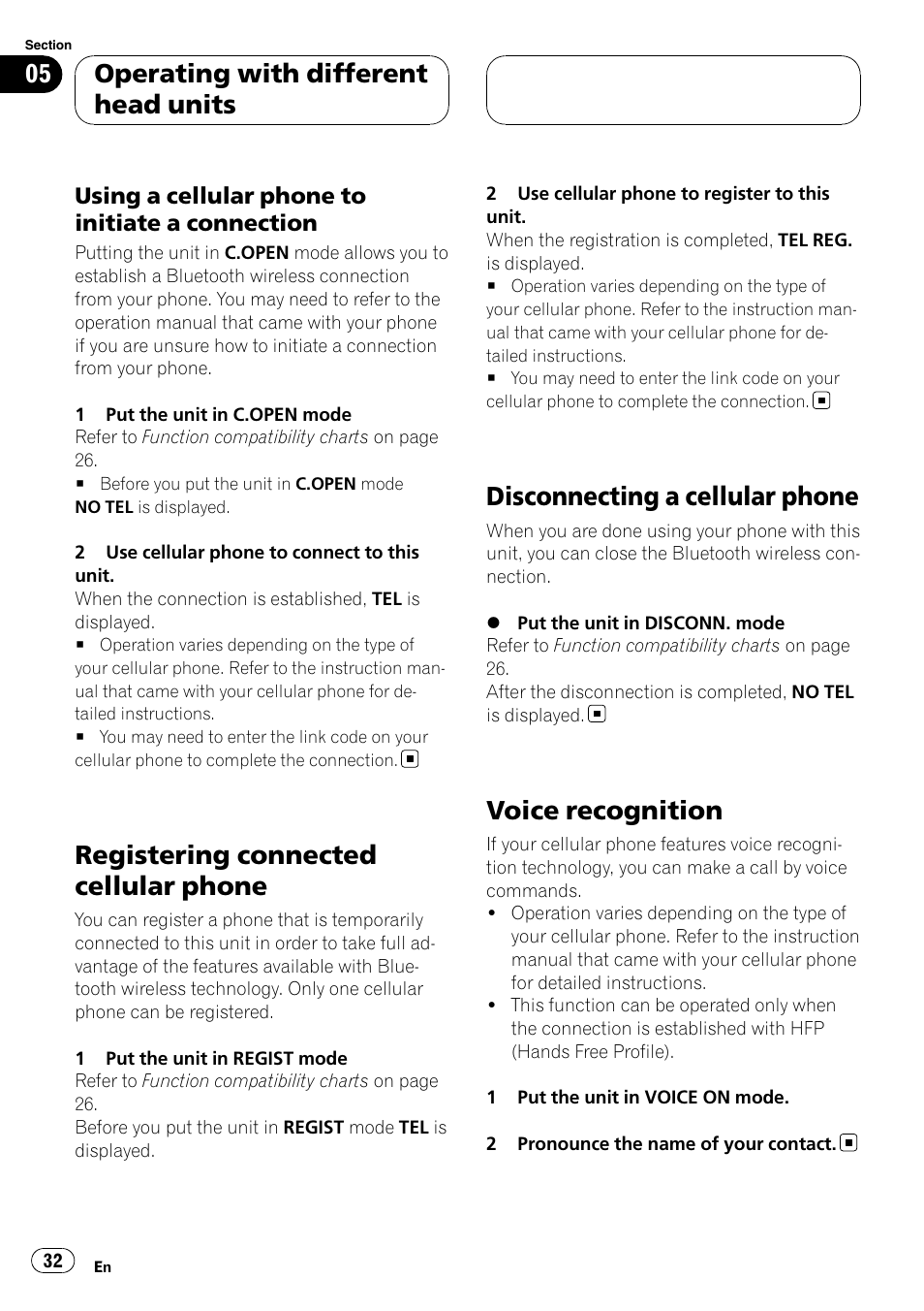 Using a cellular phone to initiate a, Connection, Registering connected cellular phone | Disconnecting a cellular phone, Voice recognition, Operating with different head units | Pioneer CD-BTB20 User Manual | Page 32 / 169