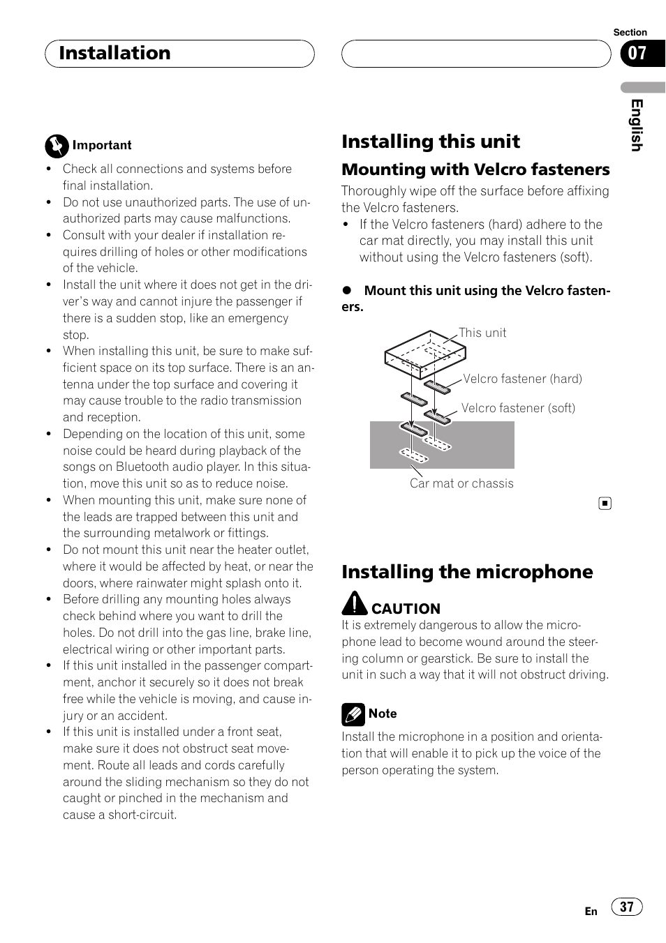 Installation installing this unit, Mounting with velcro fasteners 37, Installing the microphone | Installing this unit, Installation, Mounting with velcro fasteners | Pioneer CD-BTB20 User Manual | Page 37 / 169