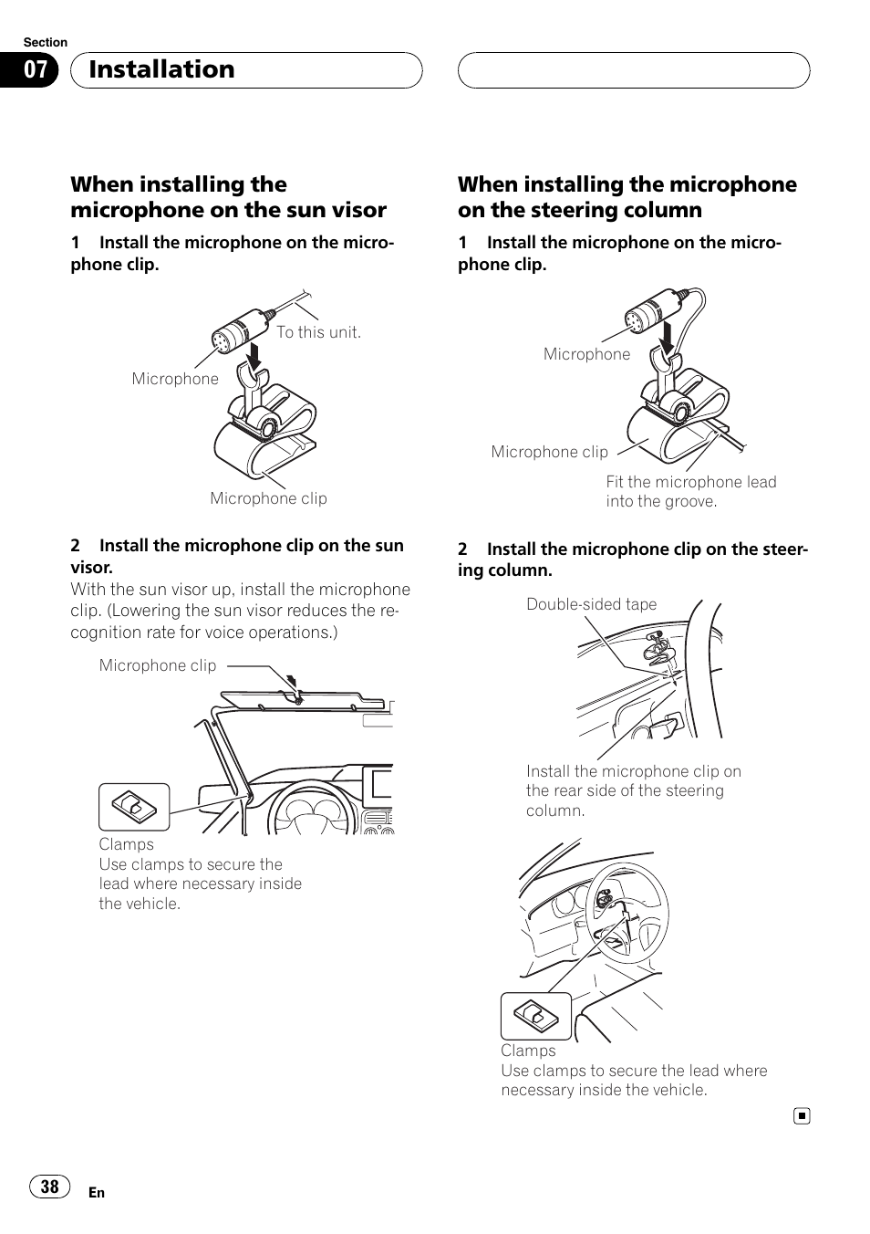 When installing the microphone on the, Sun visor, Steering column | Installation, When installing the microphone on the sun visor | Pioneer CD-BTB20 User Manual | Page 38 / 169