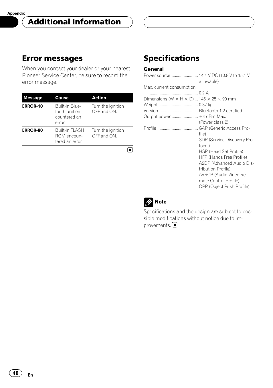 Additional information error messages, Specifications, Error messages | Additional information | Pioneer CD-BTB20 User Manual | Page 40 / 169