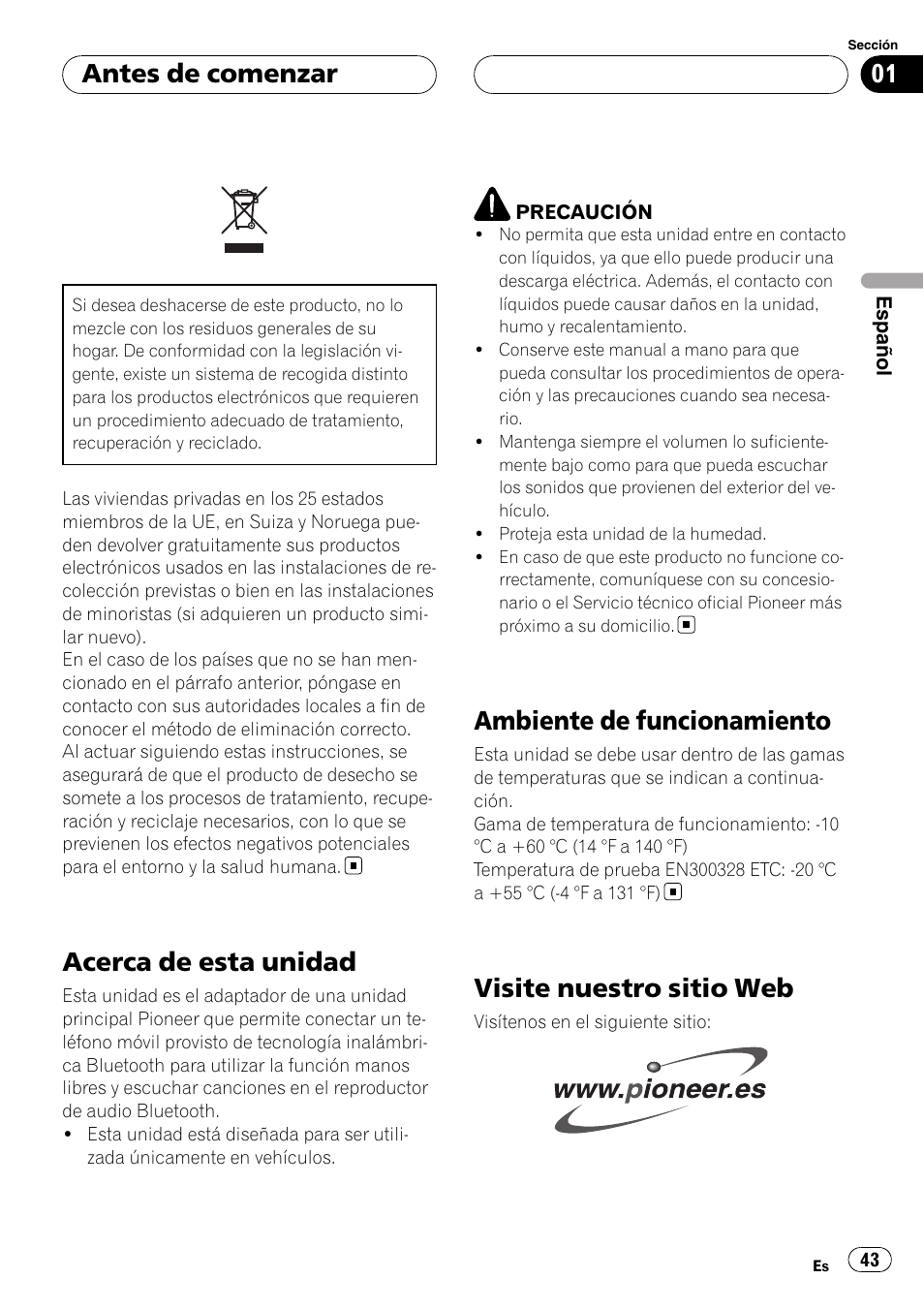 Antes de comenzar, Acerca de esta unidad, Ambiente de funcionamiento | Visite nuestro sitio web | Pioneer CD-BTB20 User Manual | Page 43 / 169
