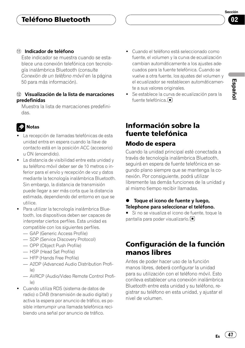 Información sobre la fuente telefónica, Modo de espera 47, Configuración de la función manos | Libres, Configuración de la función manos libres, Teléfono bluetooth, Modo de espera | Pioneer CD-BTB20 User Manual | Page 47 / 169