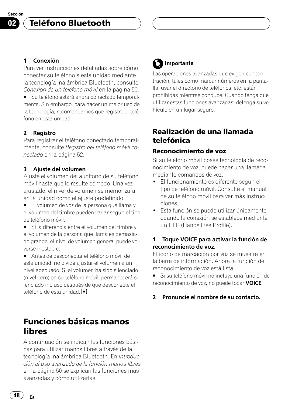 Funciones básicas manos libres, Realización de una llamada, Telefónica | Teléfono bluetooth, Realización de una llamada telefónica | Pioneer CD-BTB20 User Manual | Page 48 / 169